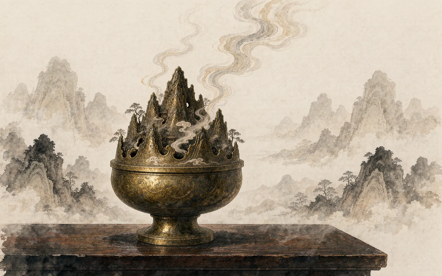 东方水墨风格插画：汉代错金博山炉山形炉盖升腾青烟，置于漆案与仙山云雾之间