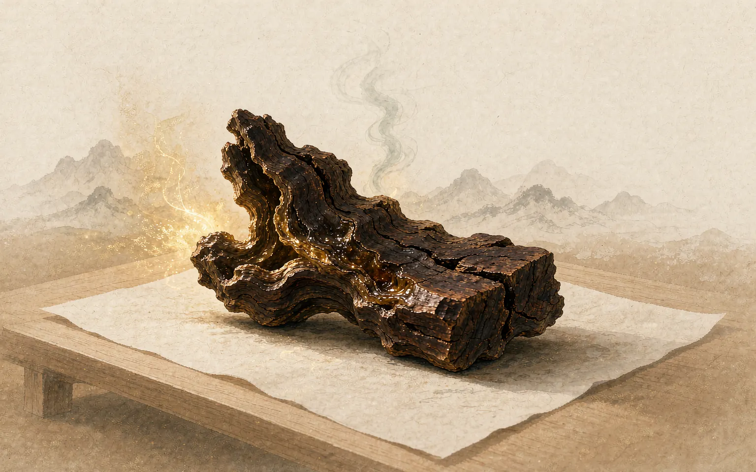 东方水墨风格插画：深褐色沉香原木结香静置于米白宣纸案几，旁有淡金光晕与青烟远山