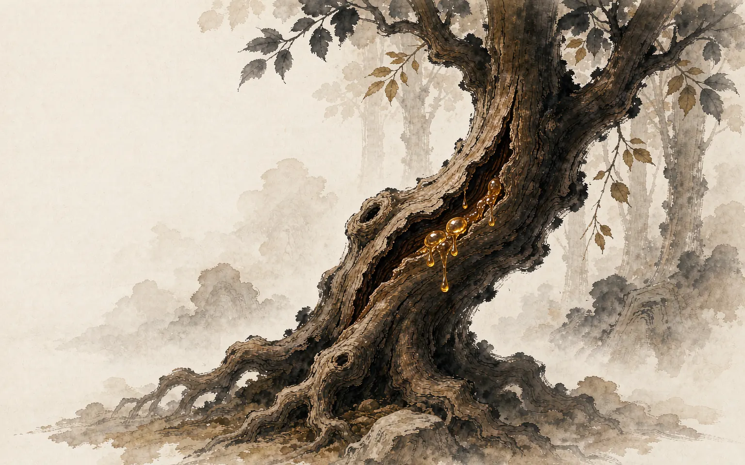 沉香结香原理插画：受伤的沉香树干渗出琥珀色树脂，慢慢凝结成香