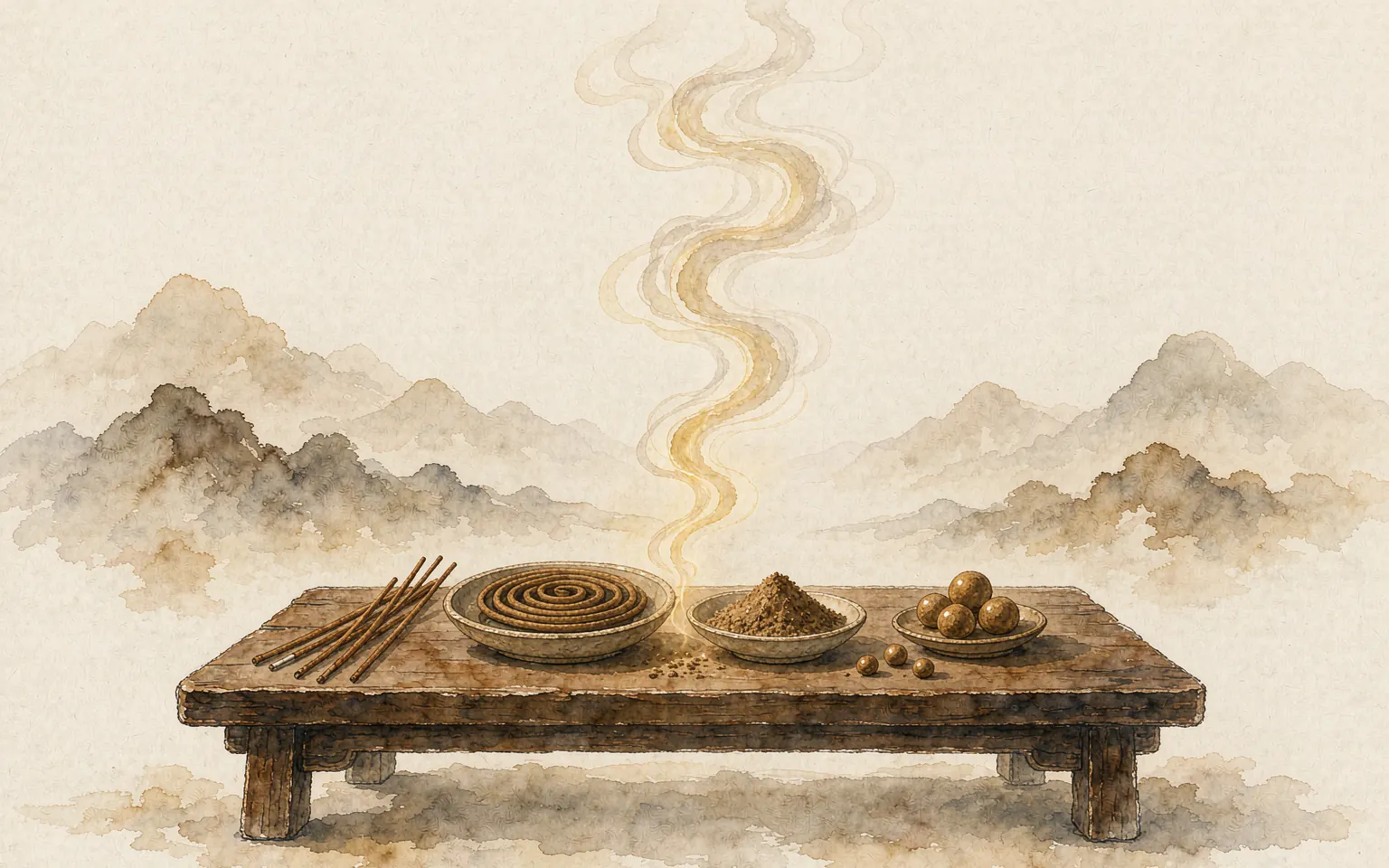 东方水墨风格插画：案几上并列的线香盘香香粉香丸与升腾暖金青烟，米白宣纸留白意境