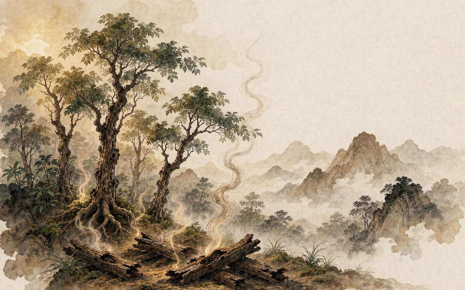 东方水墨风格插画：海南黎母山热带雨林中沉香树与升腾的暖金青烟，米白宣纸留白意境