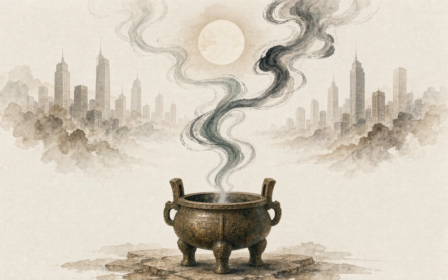 香魔师品牌故事插画：一炉沉香青烟升起，远处是淡墨晕染的都市夜景与圆月