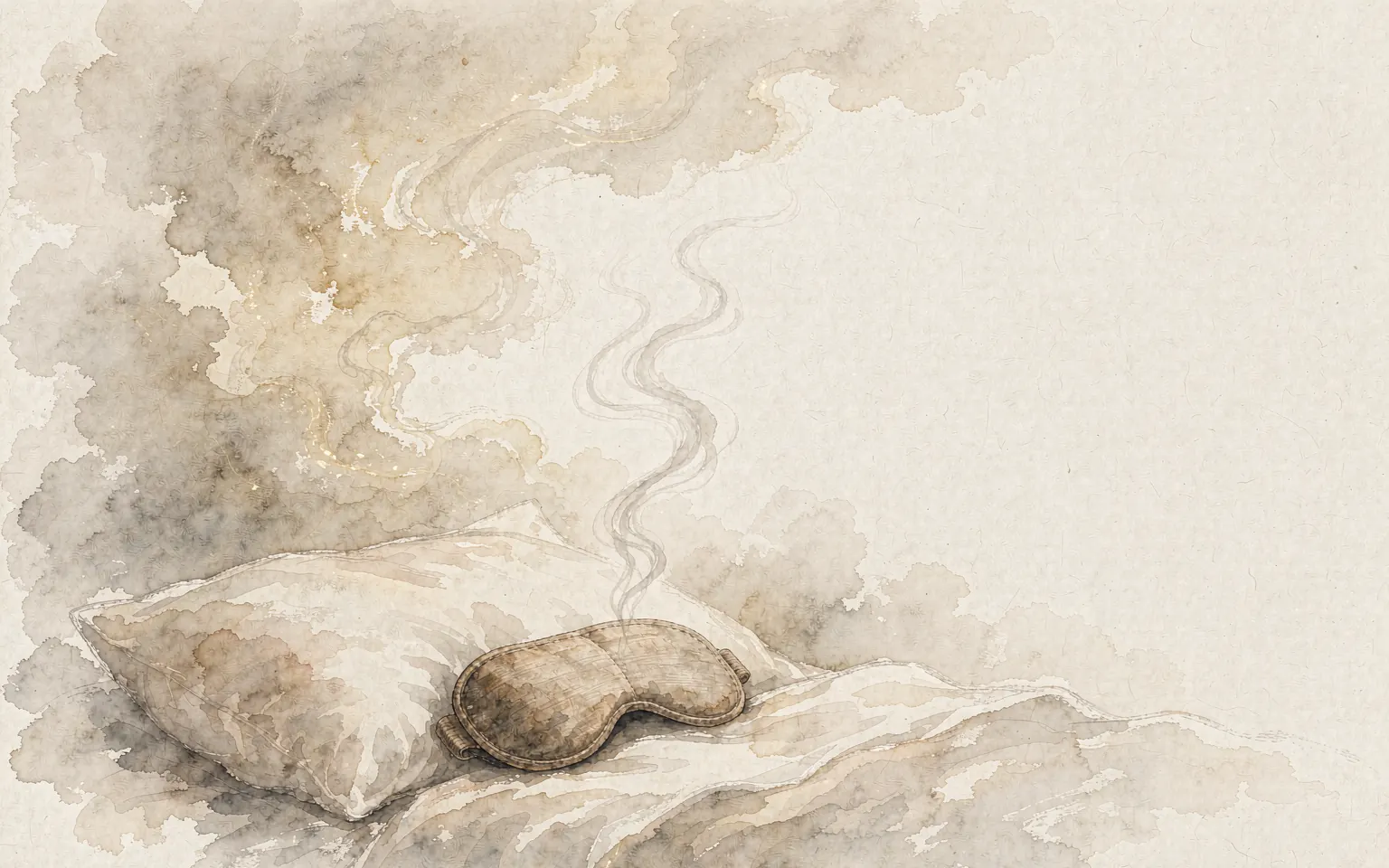 东方水墨风格插画：宁静卧室一角月光化作淡金褐云气，枕畔一只温热沉香蒸汽眼罩，一缕青烟袅袅升起，米白宣纸留白意境
