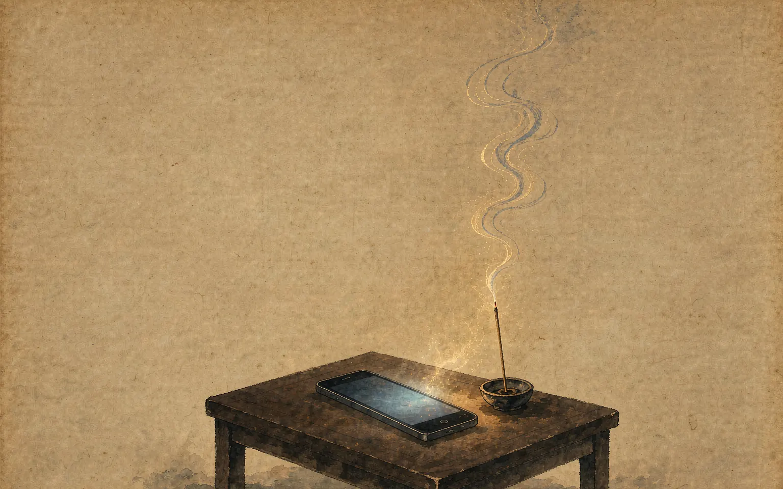 东方水墨风格插画：夜色中静默的手机透出微光旁有沉香线香升起淡金青烟，米白宣纸留白意境