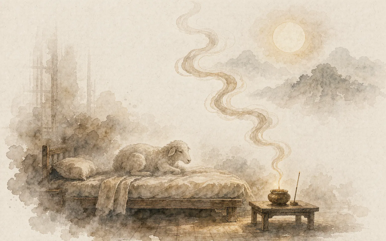 东方水墨风格插画：失眠夜里数羊的思绪化作淡金青烟与一缕沉香，米白宣纸留白意境