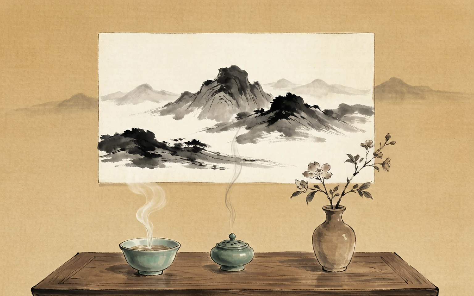 东方水墨风格插画：宋代文人书案前点茶焚香挂画插花瓶花的雅致生活场景