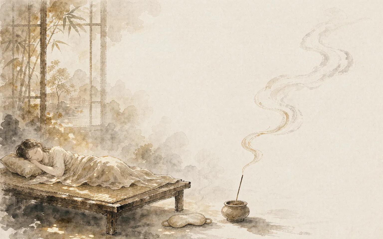 东方水墨风格插画：午后窗边一缕暖金褐沉香青烟袅袅升起，米白宣纸留白意境，一只温热的蒸汽眼罩静置于一旁